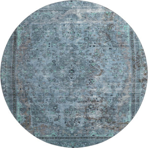 HomeRoots 8' Blue Gray & Silver Floral Medallion Washable Round Rug – UV Protected, Stylish & Durable Design 695891