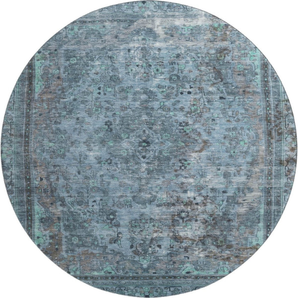 HomeRoots 8' Blue Gray & Silver Floral Medallion Washable Round Rug – UV Protected, Stylish & Durable Design 695891