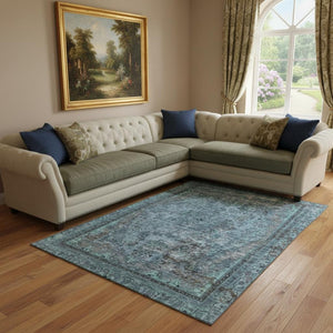HomeRoots 8' X 10' Blue Gray & Silver Floral Medallion Area Rug - Washable, UV Protected & Non-Slip Design 695892