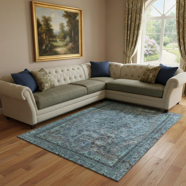 HomeRoots 8' X 10' Blue Gray & Silver Floral Medallion Area Rug - Washable, UV Protected & Non-Slip Design 695892