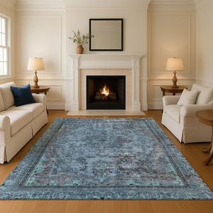HomeRoots 9' X 12' Blue Gray & Silver Floral Medallion Area Rug – Washable, UV Protected & Stain Resistant Design 695893