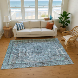 HomeRoots 9' X 12' Blue Gray & Silver Floral Medallion Area Rug – Washable, UV Protected & Stain Resistant Design 695893