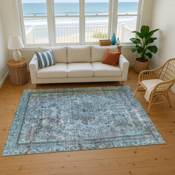 HomeRoots 9' X 12' Blue Gray & Silver Floral Medallion Area Rug – Washable, UV Protected & Stain Resistant Design 695893