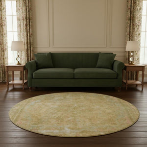 HomeRoots 8' Coral and Beige Floral Medallion Round Rug - UV Protection, Washable, Stain-Resistant Design 695897