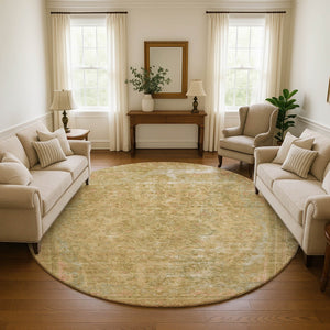 HomeRoots 8' Coral and Beige Floral Medallion Round Rug - UV Protection, Washable, Stain-Resistant Design 695897