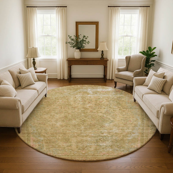 HomeRoots 8' Coral and Beige Floral Medallion Round Rug - UV Protection, Washable, Stain-Resistant Design 695897