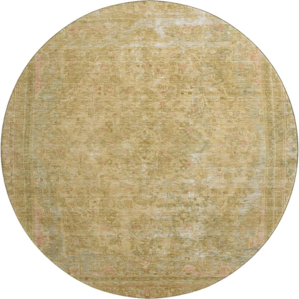HomeRoots 8' Coral and Beige Floral Medallion Round Rug - UV Protection, Washable, Stain-Resistant Design 695897