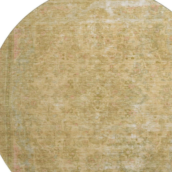 HomeRoots 8' Coral and Beige Floral Medallion Round Rug - UV Protection, Washable, Stain-Resistant Design 695897