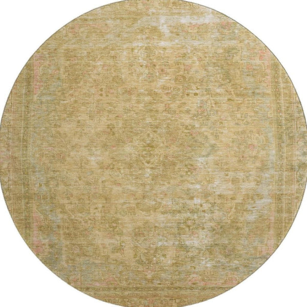 HomeRoots 8' Coral and Beige Floral Medallion Round Rug - UV Protection, Washable, Stain-Resistant Design 695897