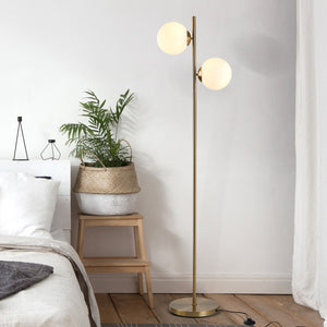 English Elm HOMCOM Gold Floor Lamp with 2 Glass Globe Shades, Anti-Skid Base, Footswitch, Modern 65" Tall W2225P217292