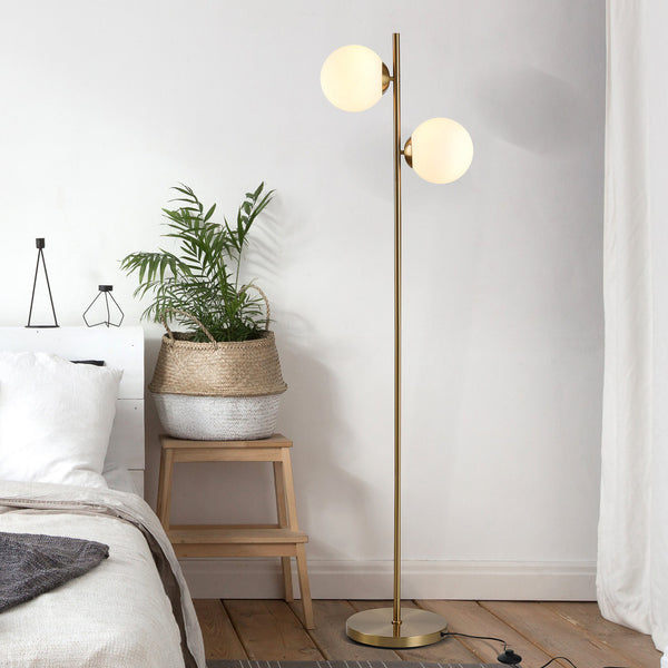 English Elm HOMCOM Gold Floor Lamp with 2 Glass Globe Shades, Anti-Skid Base, Footswitch, Modern 65" Tall W2225P217292