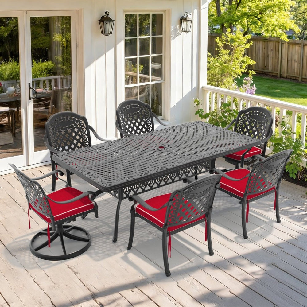 English Elm 7-piece Cast Aluminum Outdoor Dining Set with Swivel Chairs and Carved Patio Table W1710S00684