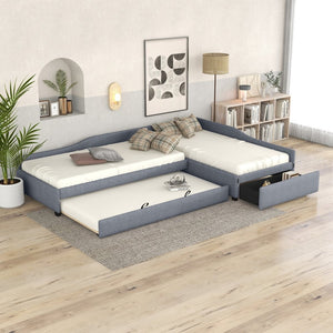 English Elm Upholstered Twin Daybed with Pull Out Trundle Linen Blend Sofa Style Studio Bed Gray GX001316AAE