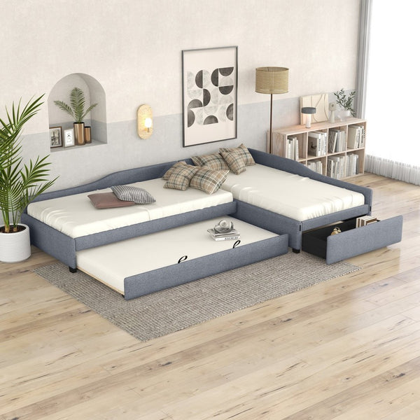 English Elm Upholstered Twin Daybed with Pull Out Trundle Linen Blend Sofa Style Studio Bed Gray GX001316AAE