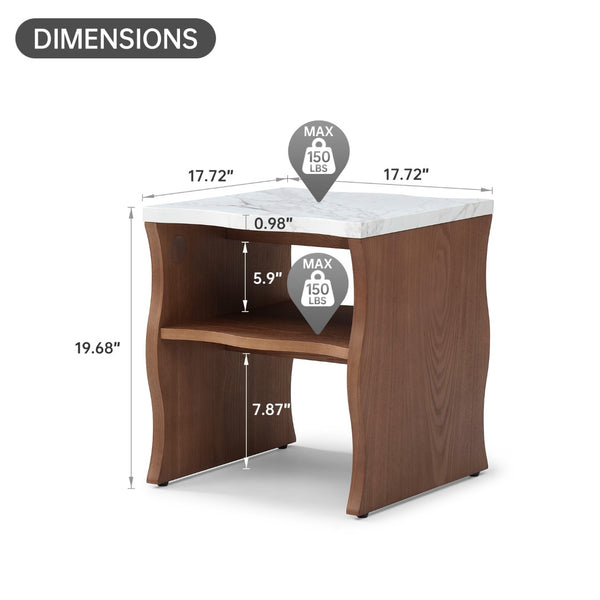 English Elm 2ps, Sculptural Faux Marble End Tables with Open Shelf for Modern Living Rooms Walnut Brown W2664S00073