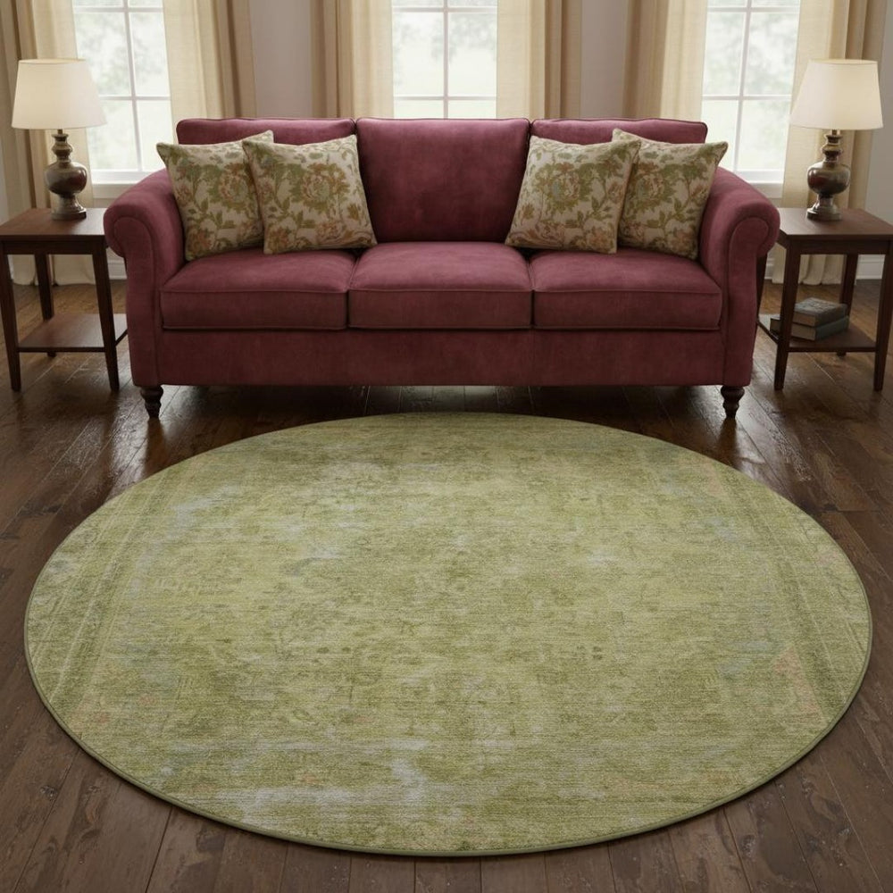 HomeRoots 8' Artichoke Green & Gray Floral Medallion Round Rug - Washable, UV-Protected, and Durable Design 695903