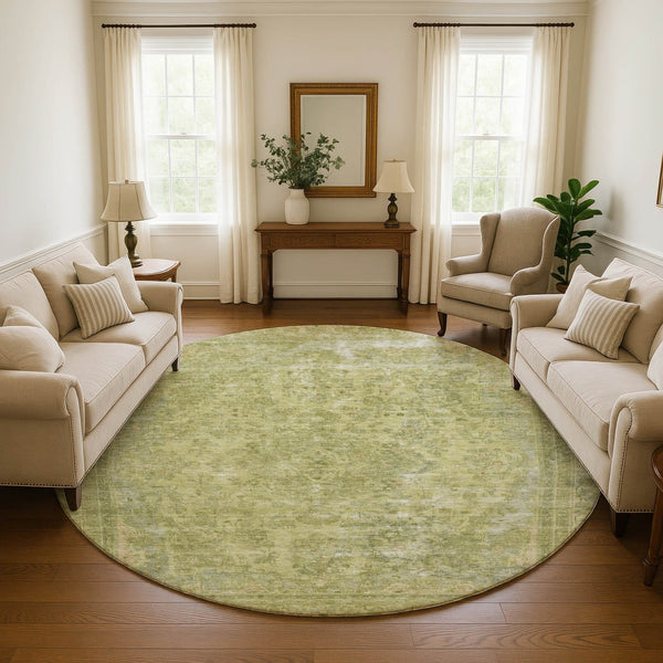HomeRoots 8' Artichoke Green & Gray Floral Medallion Round Rug - Washable, UV-Protected, and Durable Design 695903