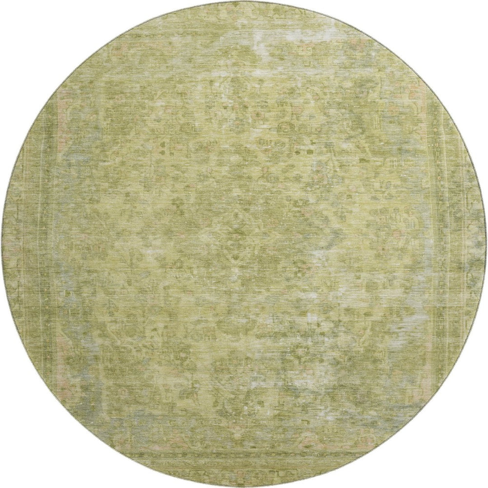 HomeRoots 8' Artichoke Green & Gray Floral Medallion Round Rug - Washable, UV-Protected, and Durable Design 695903