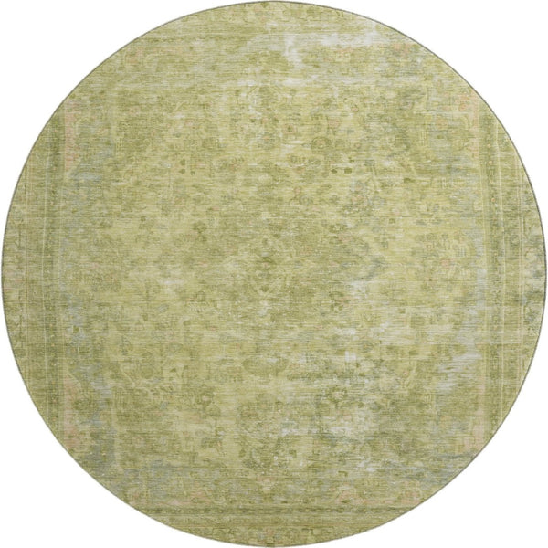 HomeRoots 8' Artichoke Green & Gray Floral Medallion Round Rug - Washable, UV-Protected, and Durable Design 695903