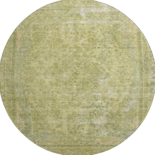 HomeRoots 8' Artichoke Green & Gray Floral Medallion Round Rug - Washable, UV-Protected, and Durable Design 695903