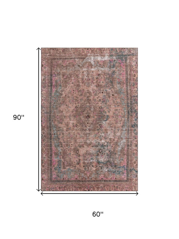 HomeRoots 5' X 8' Floral Medallion Area Rug in Pink & Gray - Washable, UV Protected, Soft & Stylish Décor Piece 695908