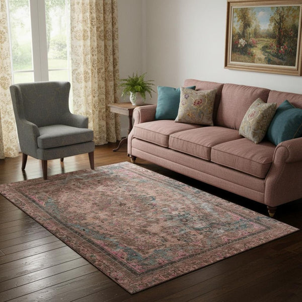 HomeRoots 5' X 8' Floral Medallion Area Rug in Pink & Gray - Washable, UV Protected, Soft & Stylish Décor Piece 695908