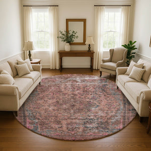 HomeRoots 8' Pink Gray Blush Floral Medallion Washable Round Rug - Durable, UV-Protected, Stylish Comfort 695909