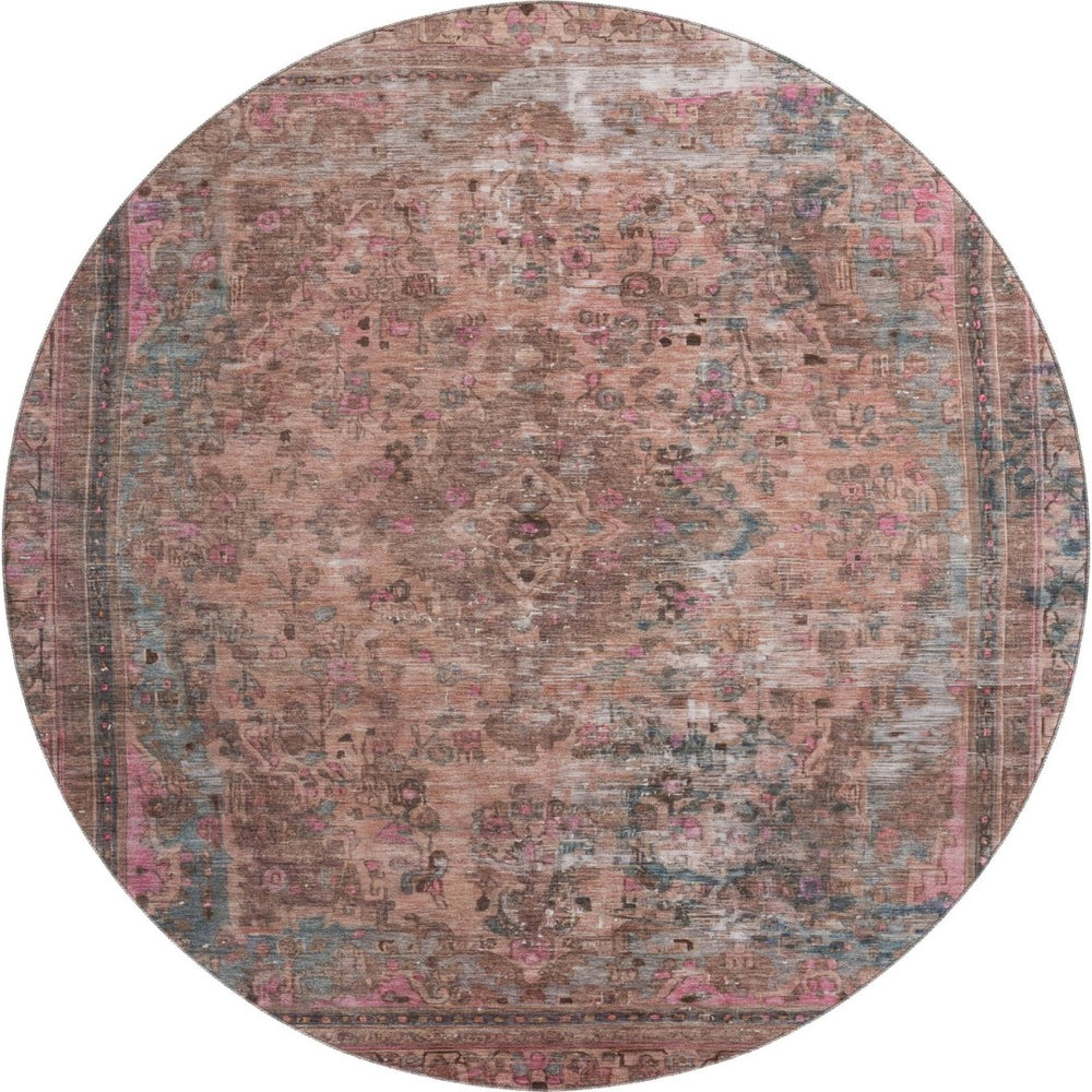 HomeRoots 8' Pink Gray Blush Floral Medallion Washable Round Rug - Durable, UV-Protected, Stylish Comfort 695909