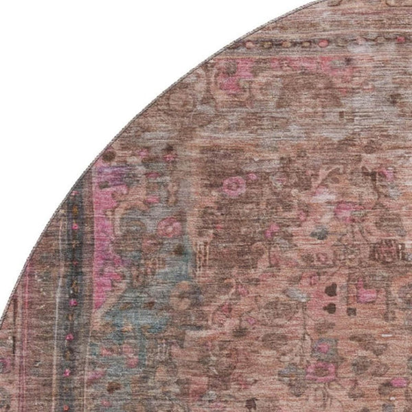 HomeRoots 8' Pink Gray Blush Floral Medallion Washable Round Rug - Durable, UV-Protected, Stylish Comfort 695909