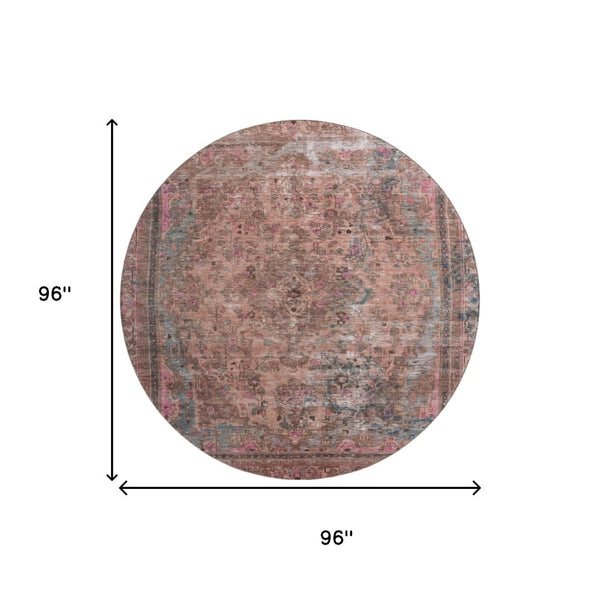 HomeRoots 8' Pink Gray Blush Floral Medallion Washable Round Rug - Durable, UV-Protected, Stylish Comfort 695909