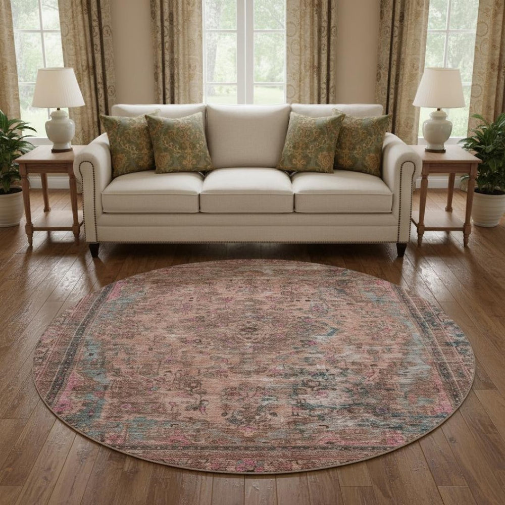 HomeRoots 8' Pink Gray Blush Floral Medallion Washable Round Rug - Durable, UV-Protected, Stylish Comfort 695909