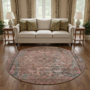 HomeRoots 8' Pink Gray Blush Floral Medallion Washable Round Rug - Durable, UV-Protected, Stylish Comfort 695909