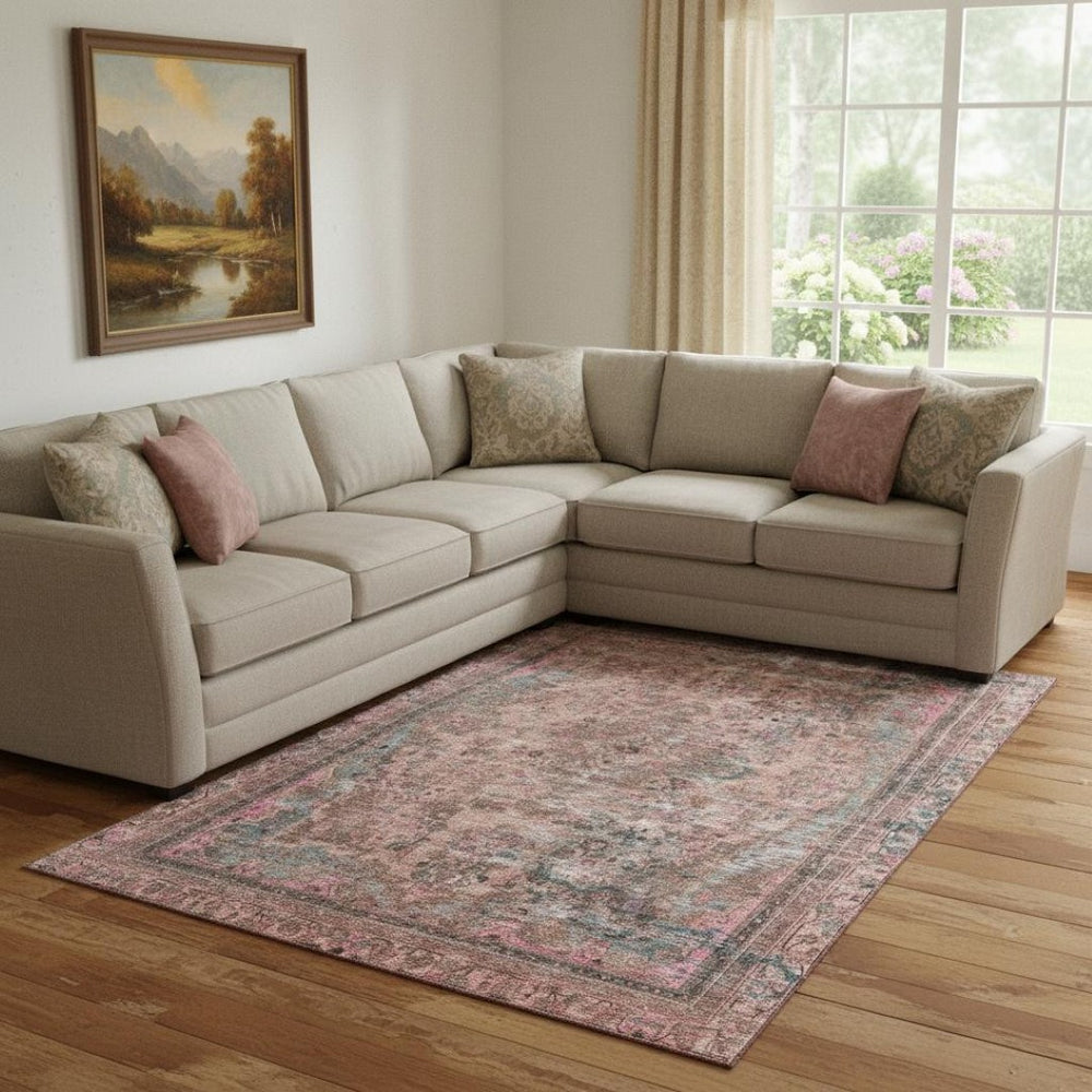 HomeRoots 8' X 10' Floral Medallion Area Rug - Pink, Gray & Blush, Washable, UV Protected, Pet Friendly Design 695910