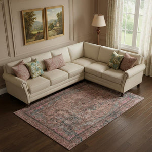 HomeRoots 9' X 12' Floral Medallion Area Rug in Pink, Gray & Blush - Washable, Stain Resistant & UV Protected 695911