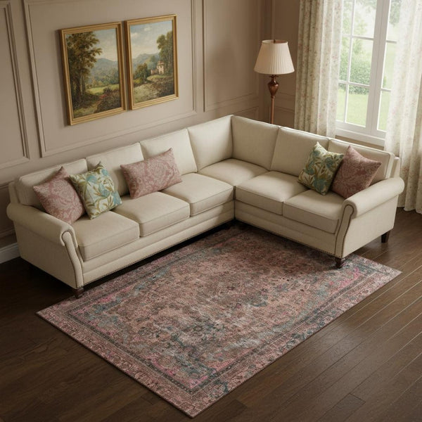 HomeRoots 9' X 12' Floral Medallion Area Rug in Pink, Gray & Blush - Washable, Stain Resistant & UV Protected 695911