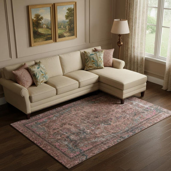HomeRoots 10' X 14' Floral Medallion Area Rug in Pink, Gray & Blush - Washable, UV Protected, Durable Design! 695912
