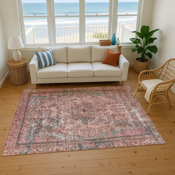 HomeRoots 10' X 14' Floral Medallion Area Rug in Pink, Gray & Blush - Washable, UV Protected, Durable Design! 695912