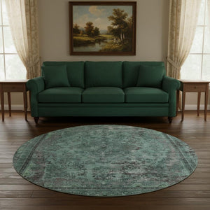 HomeRoots 8' Teal & Gray Floral Medallion Round Rug - Washable, UV Protected, & Stain Resistant for Easy Care! 695915