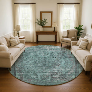 HomeRoots 8' Teal & Gray Floral Medallion Round Rug - Washable, UV Protected, & Stain Resistant for Easy Care! 695915