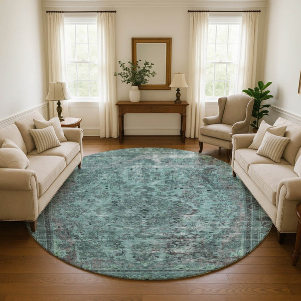 HomeRoots 8' Teal & Gray Floral Medallion Round Rug - Washable, UV Protected, & Stain Resistant for Easy Care! 695915