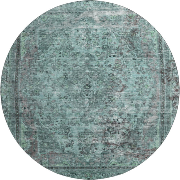 HomeRoots 8' Teal & Gray Floral Medallion Round Rug - Washable, UV Protected, & Stain Resistant for Easy Care! 695915