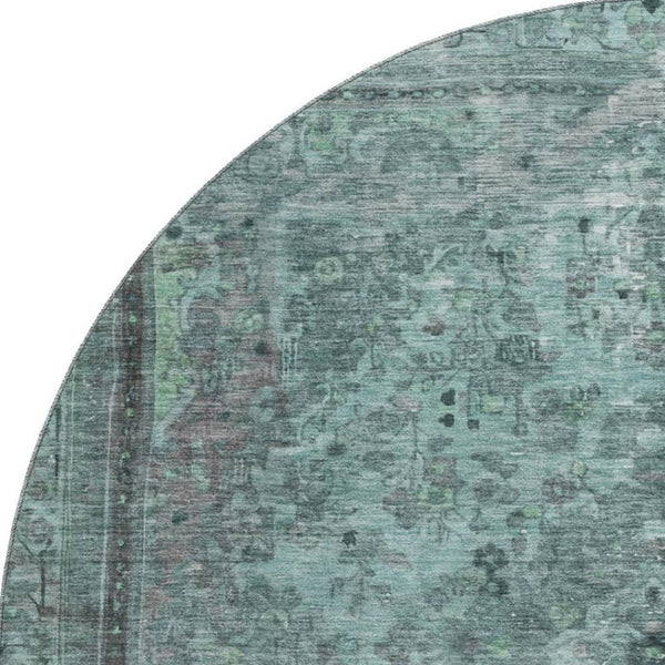 HomeRoots 8' Teal & Gray Floral Medallion Round Rug - Washable, UV Protected, & Stain Resistant for Easy Care! 695915