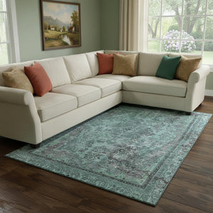 HomeRoots 8' X 10' Elegant Teal & Gray Floral Medallion Rug – Washable, Stain-Resistant, UV Protected Beauty 695916