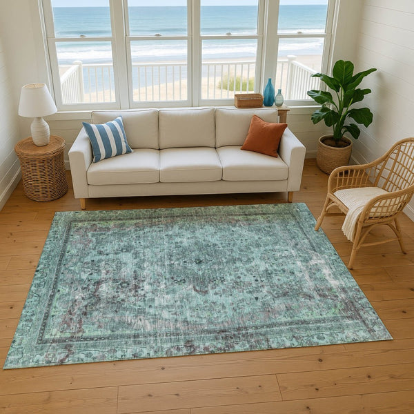 HomeRoots 8' X 10' Elegant Teal & Gray Floral Medallion Rug – Washable, Stain-Resistant, UV Protected Beauty 695916