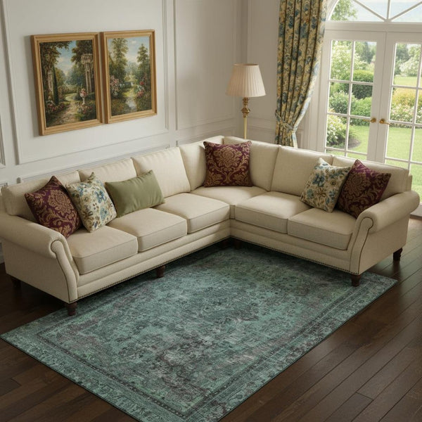 HomeRoots 9' X 12' Teal and Gray Floral Medallion Area Rug – Washable, Stain-Resistant, UV Protected Elegance 695917