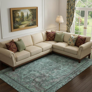 HomeRoots 10' Teal and Gray Floral Medallion Area Rug - Stain-Resistant, UV Protected, Non-Slip Backing 695918