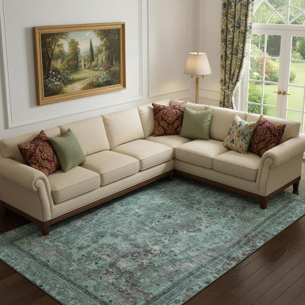 HomeRoots 10' Teal and Gray Floral Medallion Area Rug - Stain-Resistant, UV Protected, Non-Slip Backing 695918