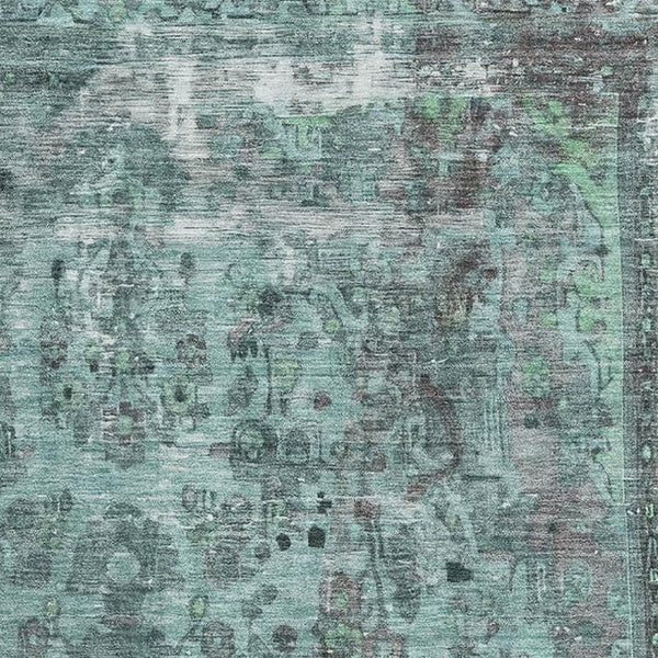 HomeRoots 10' Teal and Gray Floral Medallion Area Rug - Stain-Resistant, UV Protected, Non-Slip Backing 695918
