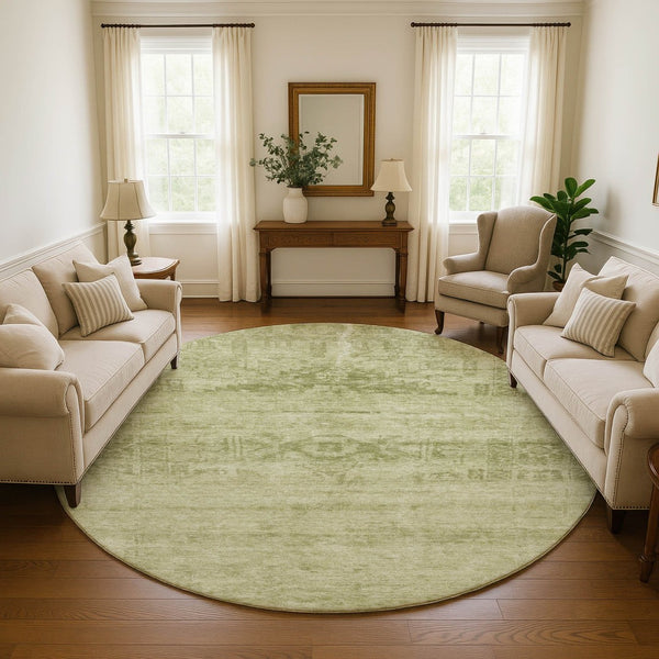 HomeRoots 8' Artichoke Green & Beige Round Rug - Washable, UV-Protected, Durable Oriental Design for Any Space 695921
