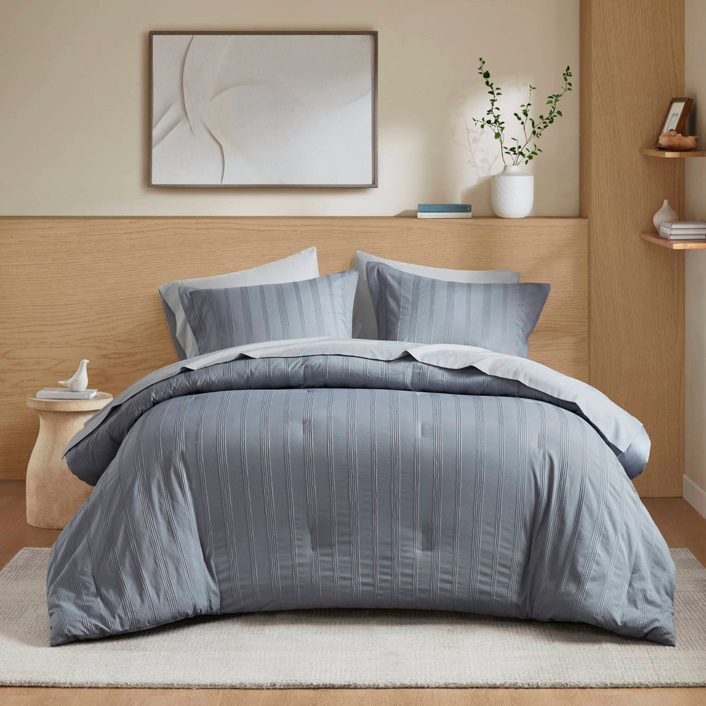 JLA Home Super Listing - Woven Logan Comforter Set with Subtle Striped Texture, Brushed Microfiber Reverse & Oeko-Tex Safety Blue/Grey AM10-0554